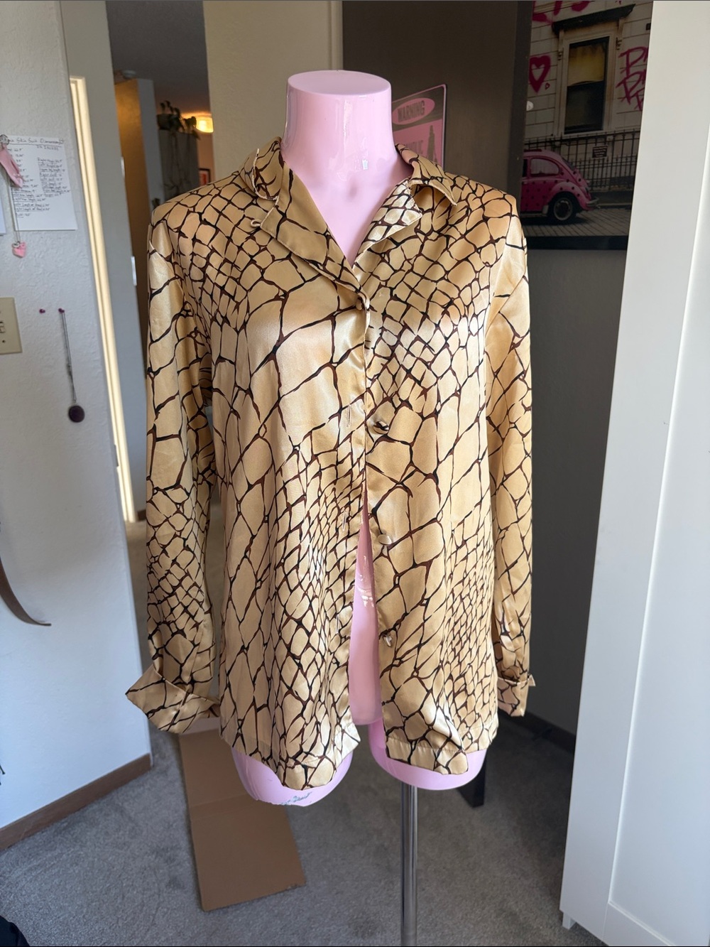 Victoria's Secret Tan and Brown Patterned Satin Blouse